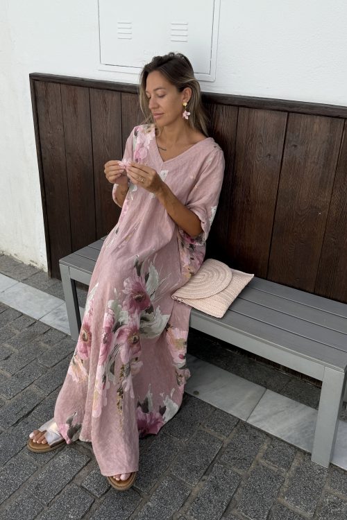 Vestido lino flores rosa